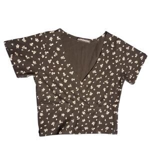 Brandy Melville Black Floral Top Deep V Neck Crop Wrap Style Y2K Cottagecore